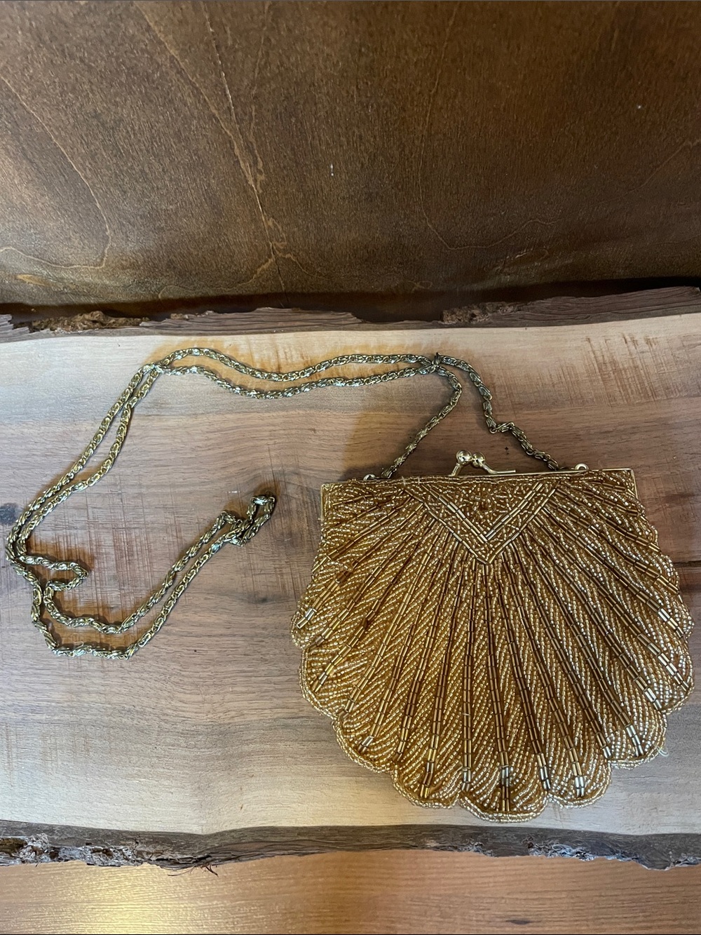 Gold Beaded Shell Evening Bag with Chain Strap
